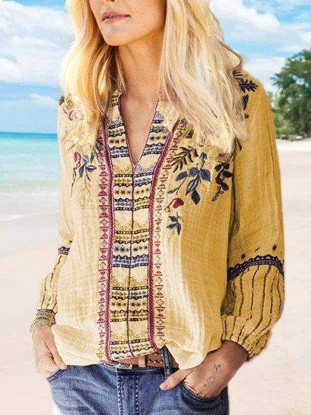 Cotton-Blend Casual V Neck Long Sleeve Shirts & Tops