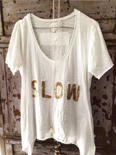Casual Round Neck Short Sleeve Letter Shirts