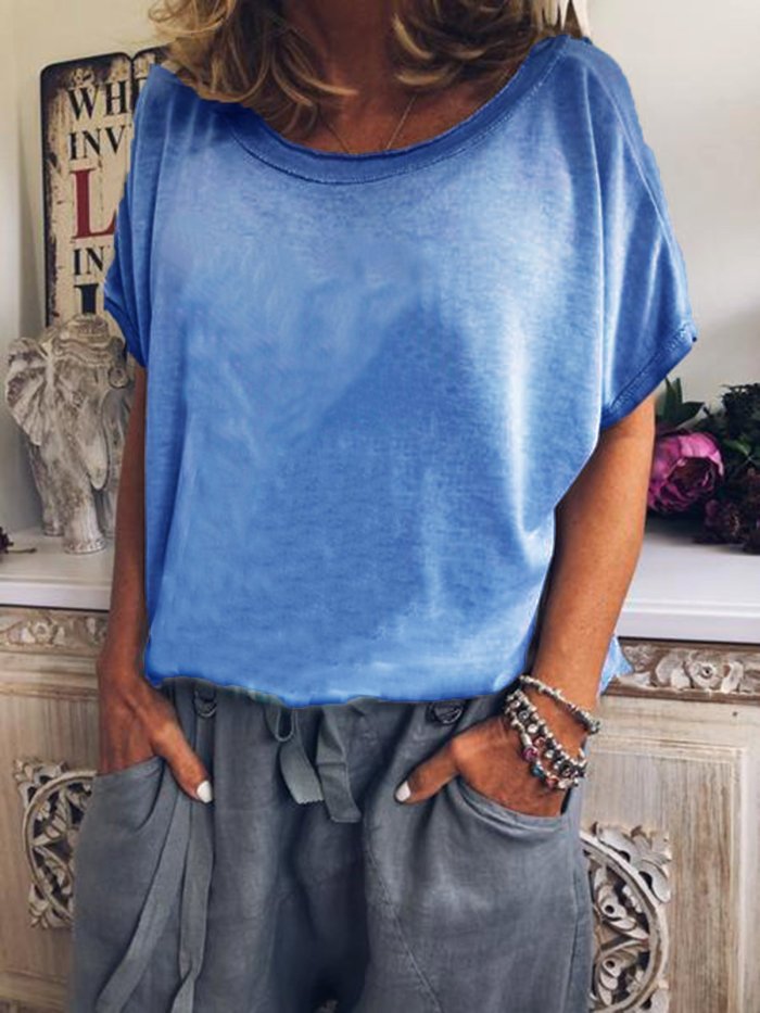 Short Sleeve Cotton-Blend Crew Neck Plain Shirts & Tops