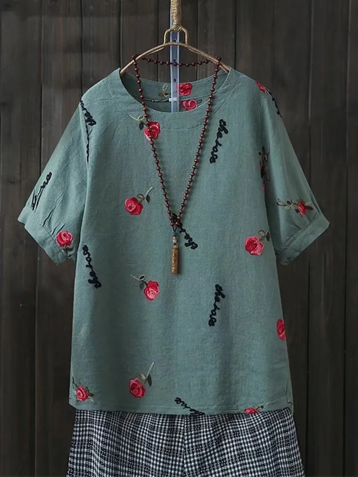 Women Casual Embroidery Tops Tunic T Shirt