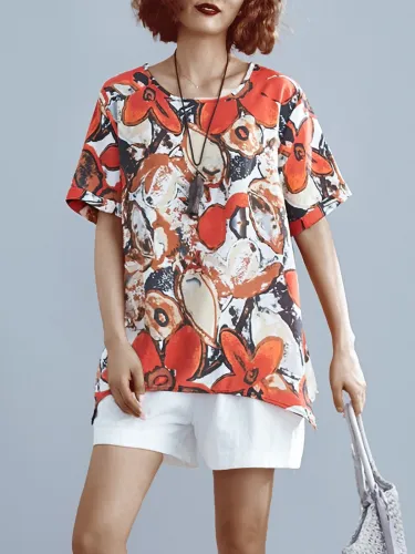 Plus Size Women Loose Cotton And Linen Round Neck Short Sleeve Abstract Pattern Irregular Casual Top