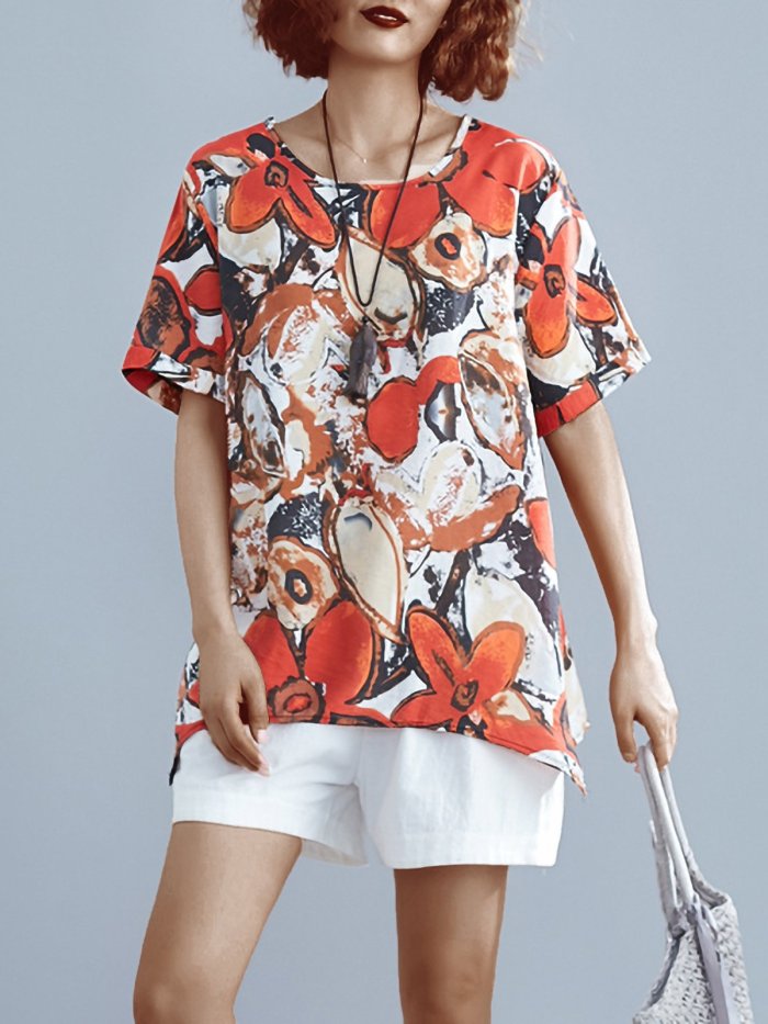 Plus Size Women Loose Cotton And Linen Round Neck Short Sleeve Abstract Pattern Irregular Casual Top
