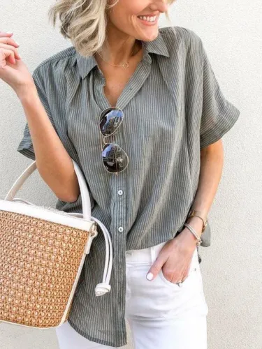 Plus Size Casual V Neck Short Sleeve Striped Tops