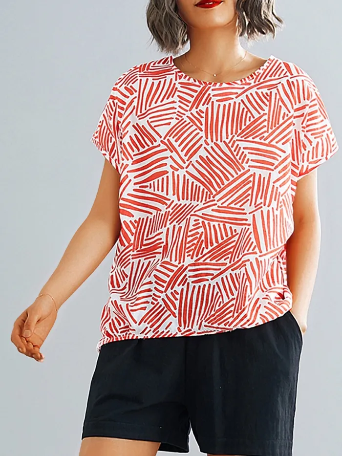 Plus Size Women Short Sleeve  Round Neck  Striped  Floral  Loose Casual  Tops