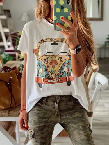 White Short Sleeve Round Neck Cotton Casual Tops