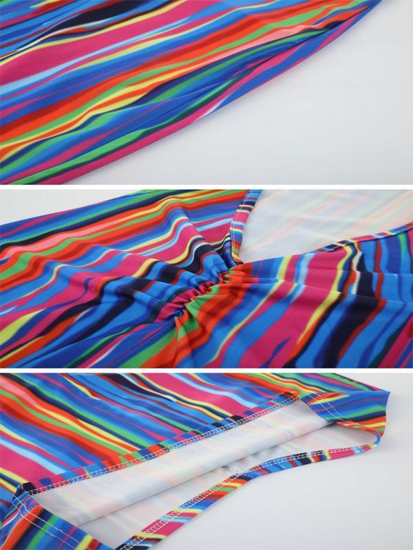 Rainbow Multicolor Stripes Crew Neck Beach Holiday Dress
