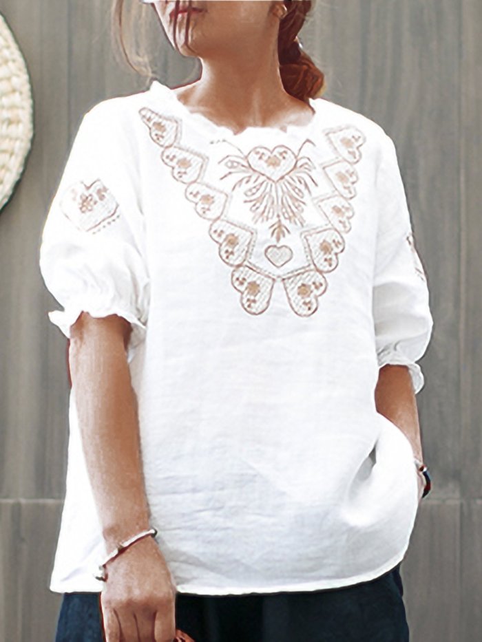 Women Embroidered Loose Lantern Sleeve  Casual Top
