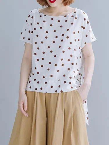 Women Short Sleeve Round Neck Vintage Polka Dots Floral Casual Tops
