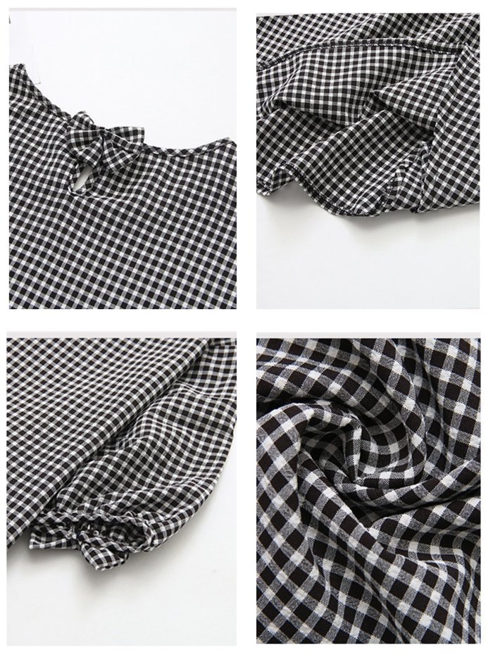 Women Bow Lantern Sleeve Round Neck Short Sleeve Plaid T-Shirt Top