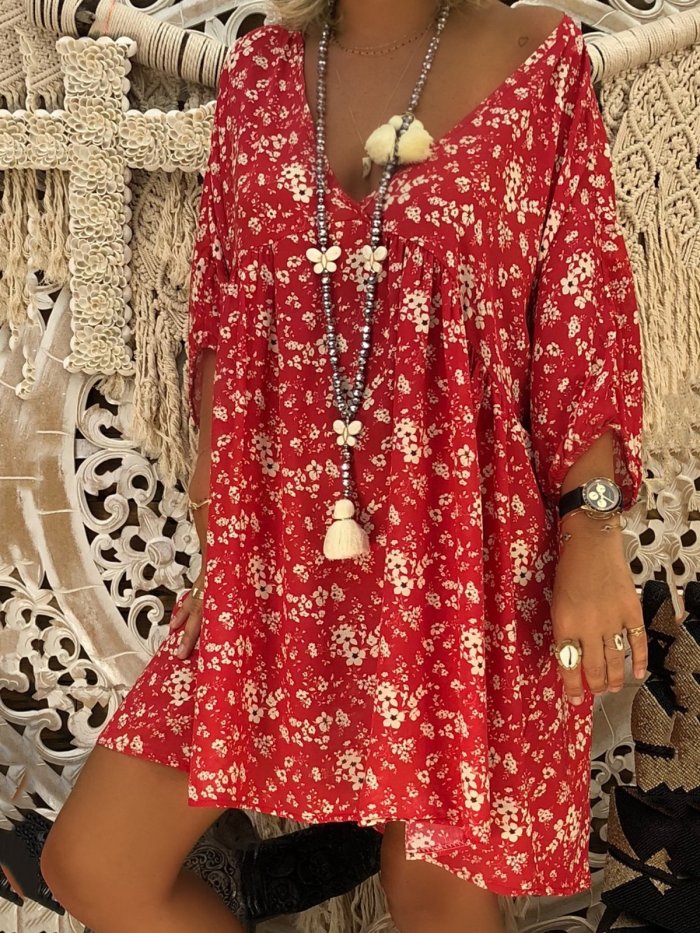 V Neck Floral Fall Dress