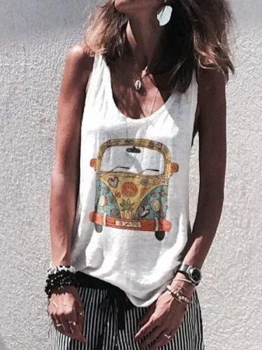 Sleeveless Cotton-Blend Printed Casual Shirts & Tops