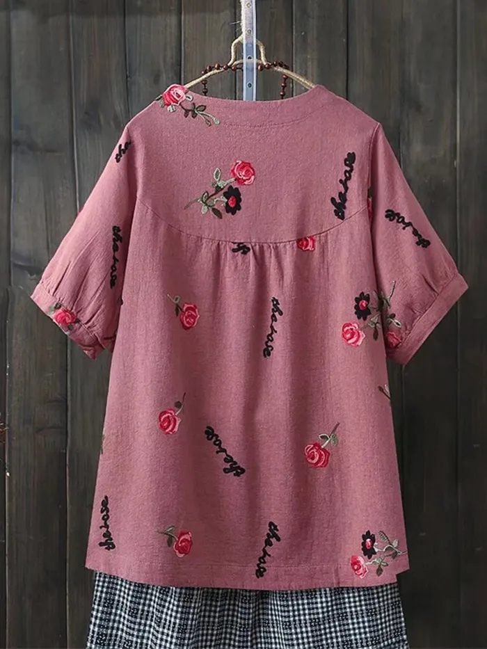 Women Casual Embroidery Tops Tunic T Shirt