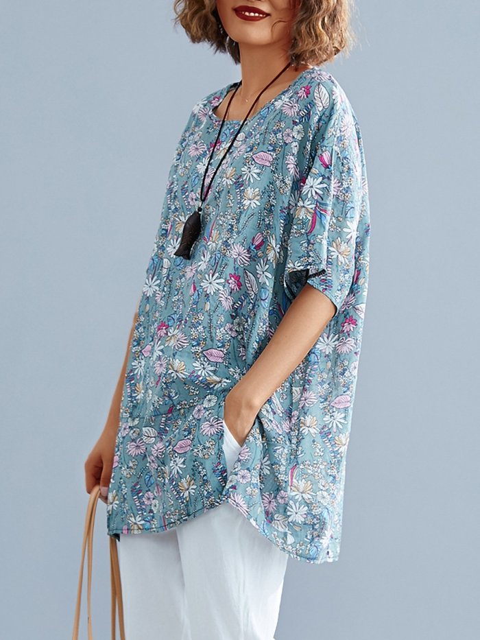 Women Short Sleeve Round Neck Vintage Floral Casual Tops