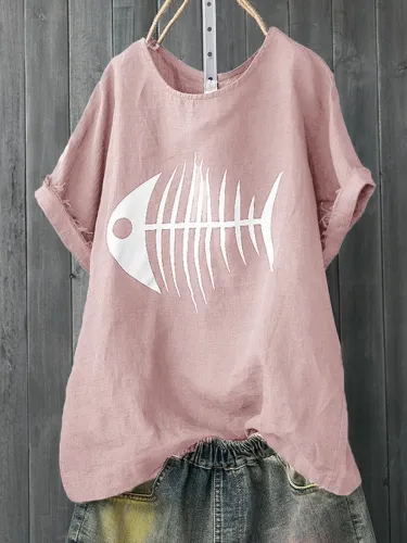 Plus Size Fish Bone Print Casual Women Summer T-shirts
