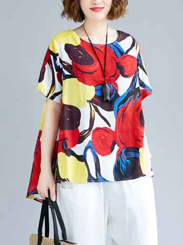 Women Short Sleeve Round Neck Vintage Floral Casual Tops