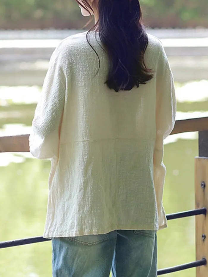 New Women Casual Loose Solid O-neck Shirt Half Sleeve Cotton Linen Top