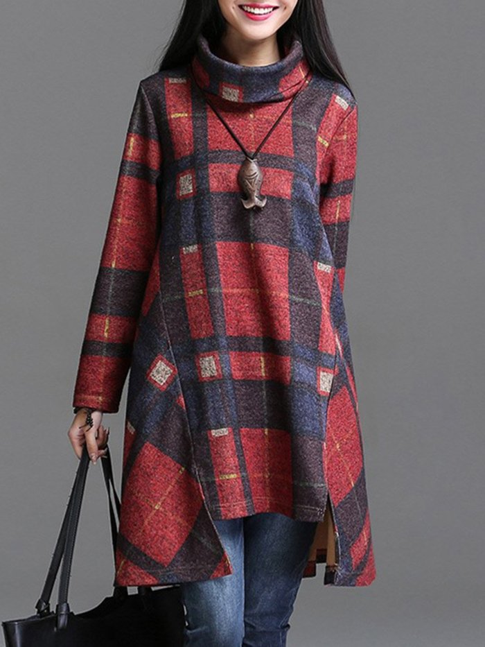 Autumn Winter Casual Plaid Turtleneck Long Sleeve Sweatshirt