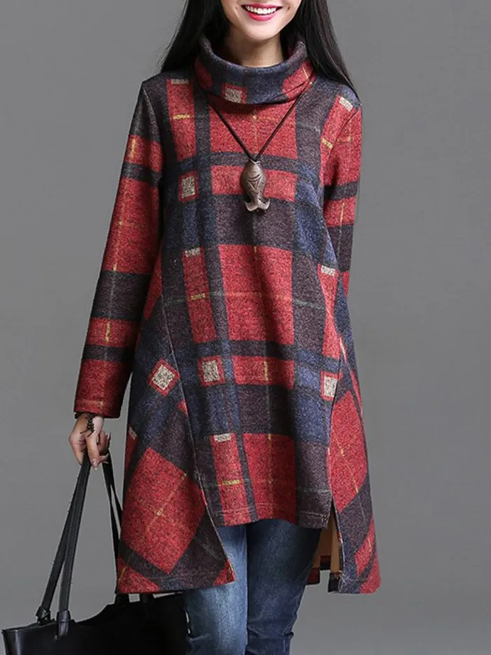 Autumn Winter Casual Plaid Turtleneck Long Sleeve Sweatshirt