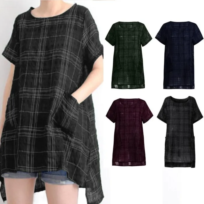 Women Casual Loose Tops Tunic Plaid Blouse Shirt