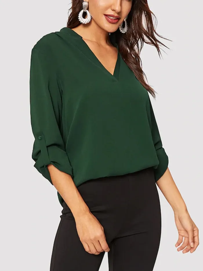 Green Chiffon 3/4 Sleeve Shirts & Tops
