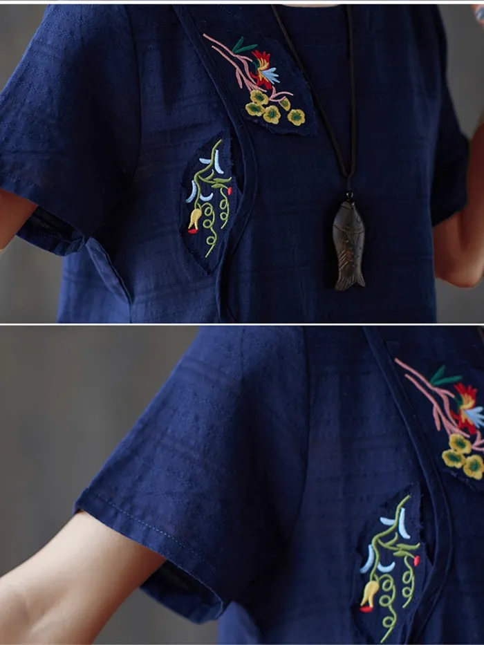 Plus Size  Women  Cotton And Linen  Floral  Short  Sleeves Round Neck  Casual  Tops