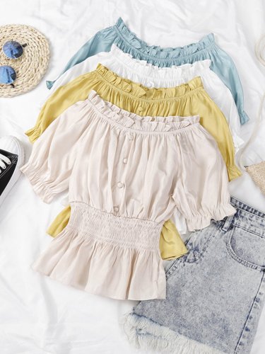 One-neck Off Shoulder Short Sleeve Pullover Solid Casual Tops