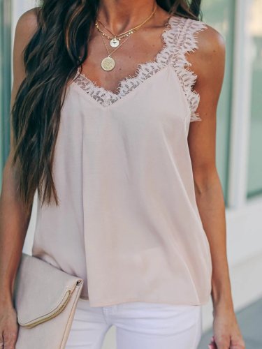 Guipure Lace Solid Sleeveless Sexy Shirts & Tops