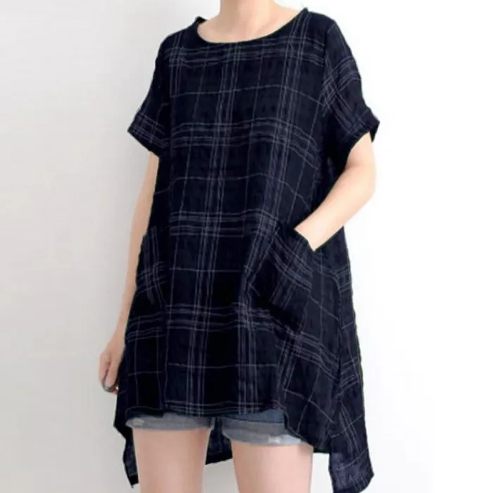 Women Casual Loose Tops Tunic Plaid Blouse Shirt