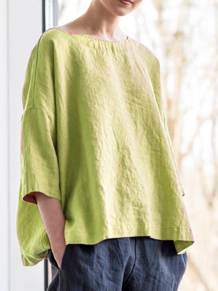 Solid Round Neck Casual Blouse Shirt