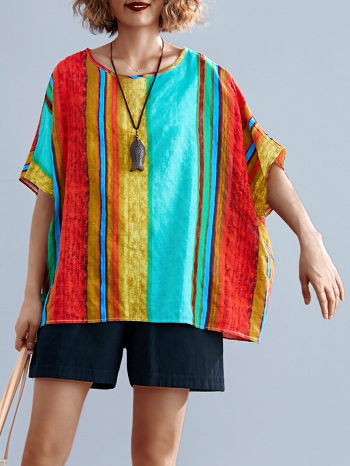 Plus Size Women Short Sleeve Round Neck Vintage Striped Floral Casual Tops