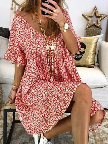 Women Floral Printed Short Sleeve Vintage Dresses