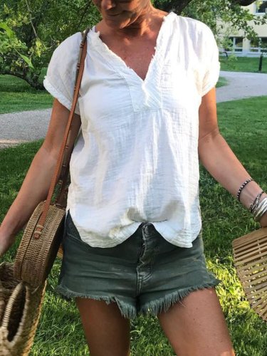 White Short Sleeve Solid Shirts & Tops