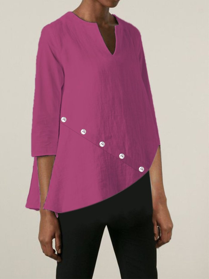 3/4 Sleeve V Neck Casual Solid Shirts & Tops