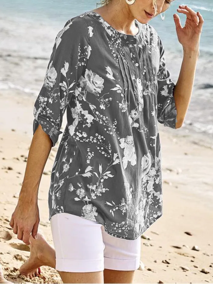 Floral-print Half Sleeve V Neck Blouse