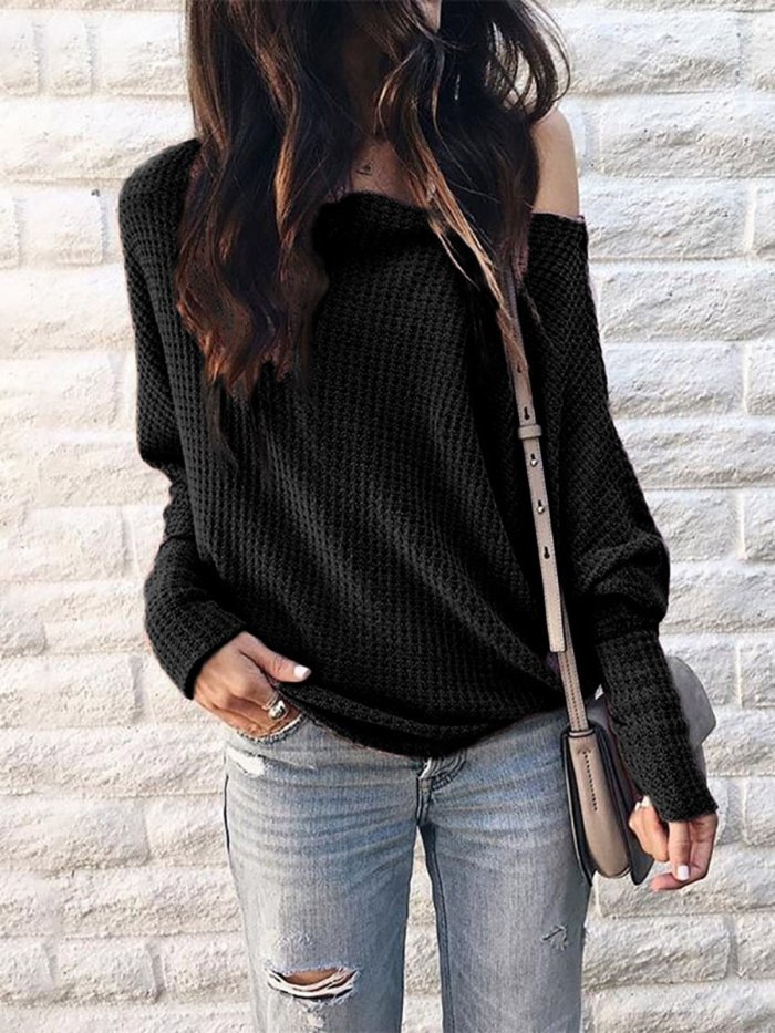 Long Sleeve Solid Knitted Vintage T-Shirts