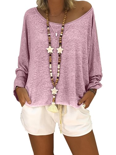 Casual Solid Crew Neck Long Sleeve Cotton Plus Size T-Shirt