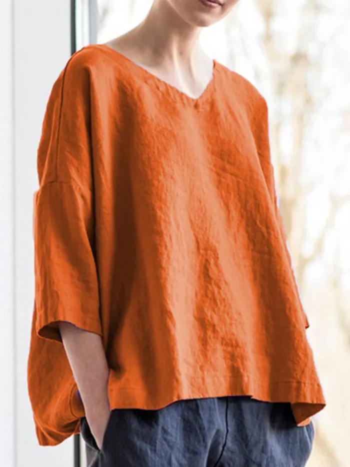 Women Casual Tops V Neck Asymmetrical Long Sleeve Cotton Shirts