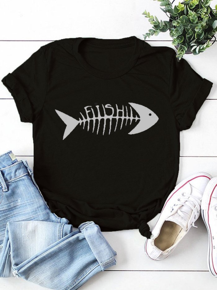 Casual Fish Bone Printing Crew Neck Short Sleeve T-Shirt