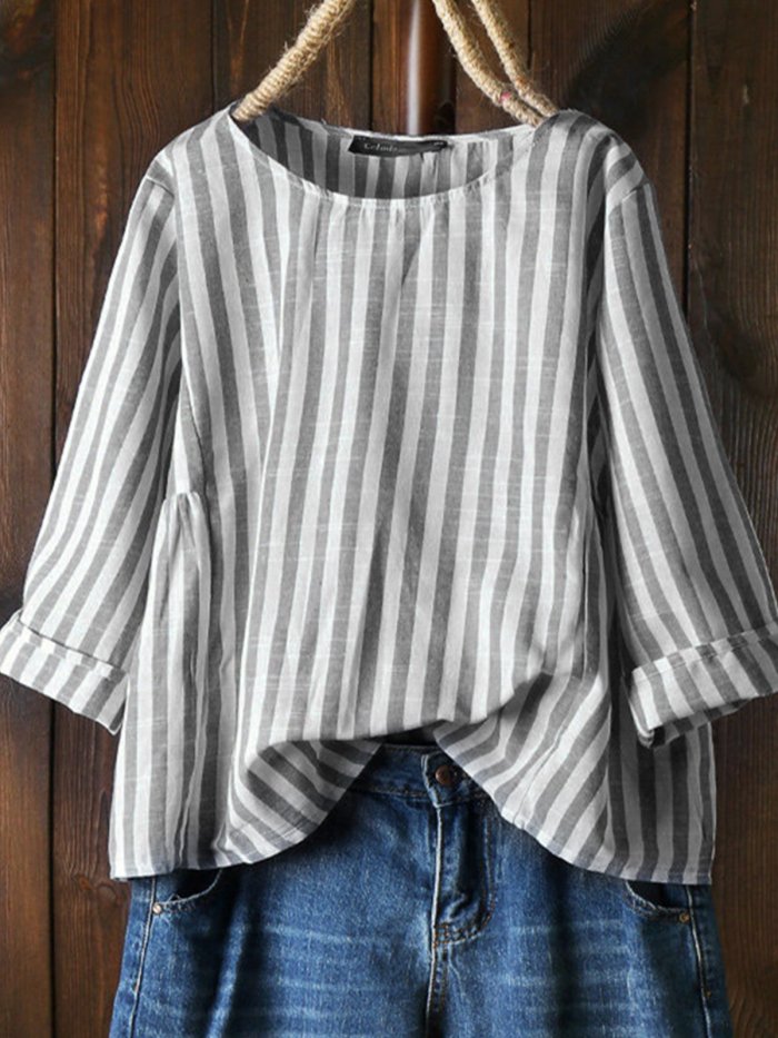 Casual Cotton-Blend Round Neck Shirts & Tops