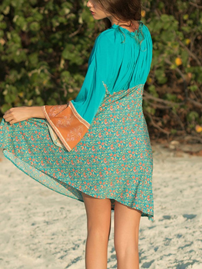 Green 3/4 Sleeve Cotton-Blend Dresses