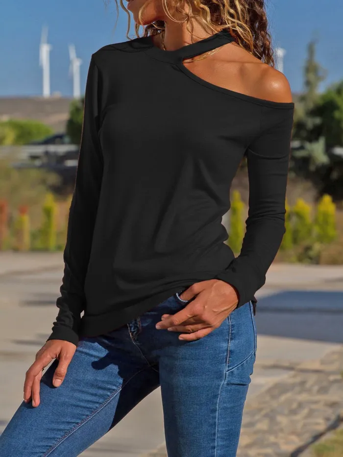Cotton-Blend Long Sleeve Halter Cutout T-Shirts