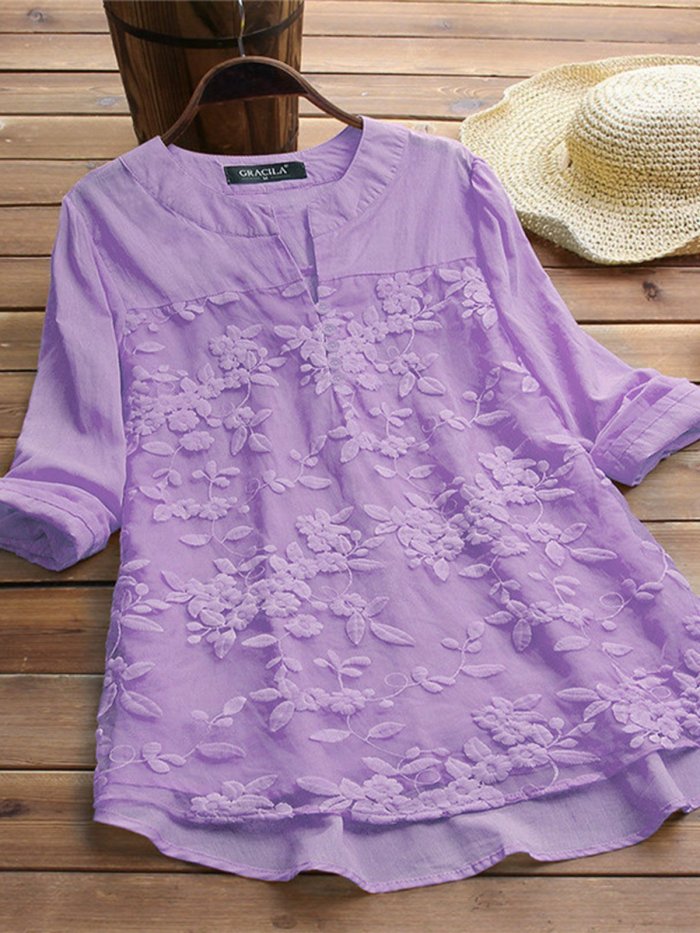 Long Sleeve V Neck Casual Embroidery Shirts & Tops