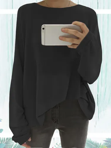 Long Sleeve Solid Elegant Paneled Round Neck Cotton Plus Size Chic Shirts