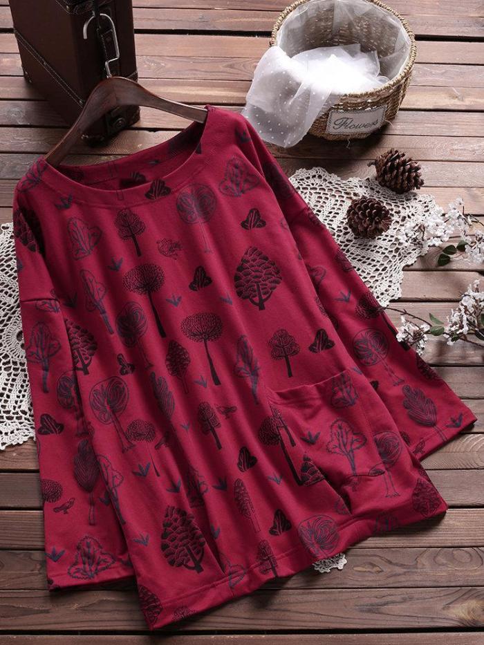 Long Sleeve Floral Round Neck Casual Tops