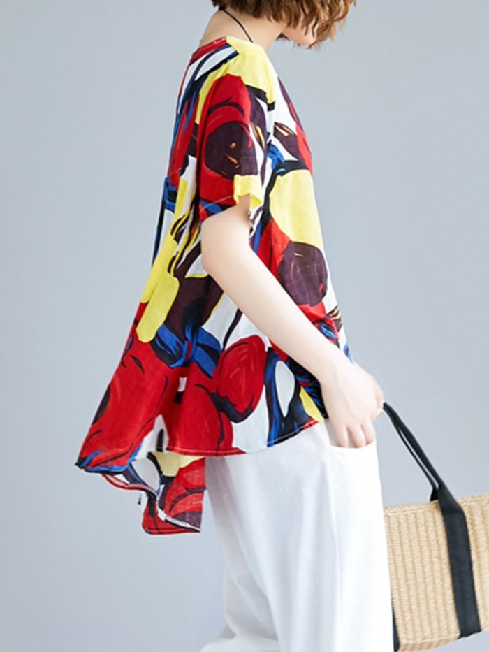 Women Short Sleeve Round Neck Vintage Floral Casual Tops