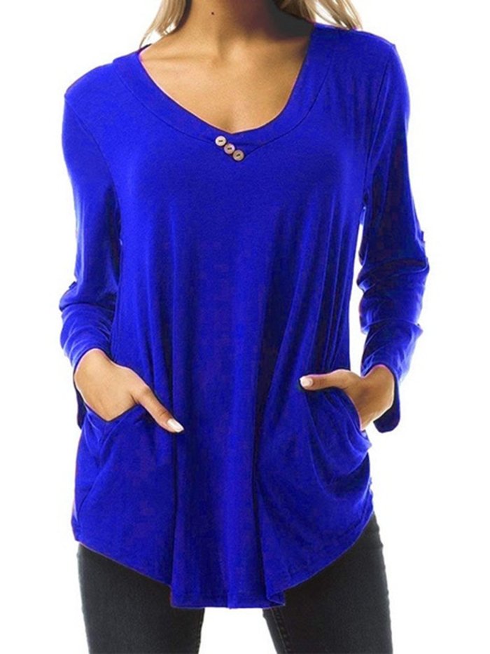 Solid 8 Colors Buttoned Pockets Simple & Basic V Neck Prime T-Shirts
