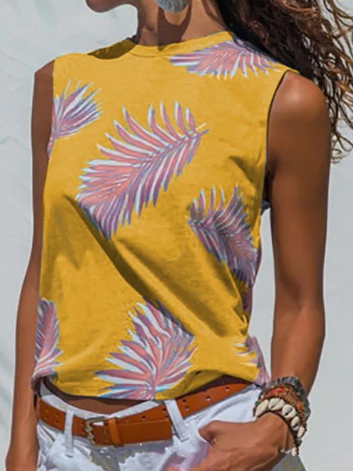 Summer Tops Leaf Print Sleeveless Crew Neck Casual Tanks