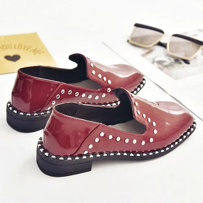 Women Patent leather Rivet Low Heel Loafers Casual Comfort Shoes