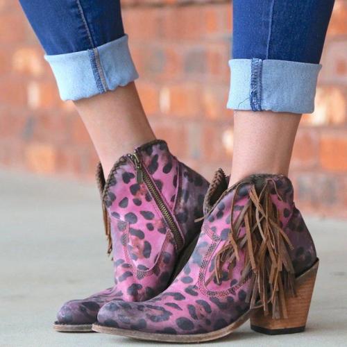 Fashion leopard tassel low heel shoes non-slip boots