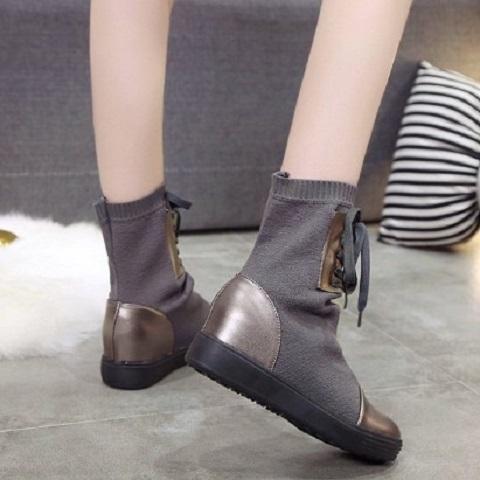 Black Spring/Fall Lace-up Daily Platform Flyknit Fabric Boots